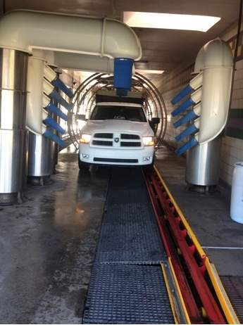 Front of truck as it goes through the car wash